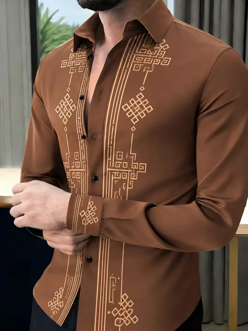 New men's coffee colored ethnic geometric long sleeved shirt with retro pattern printed lapel collar for men