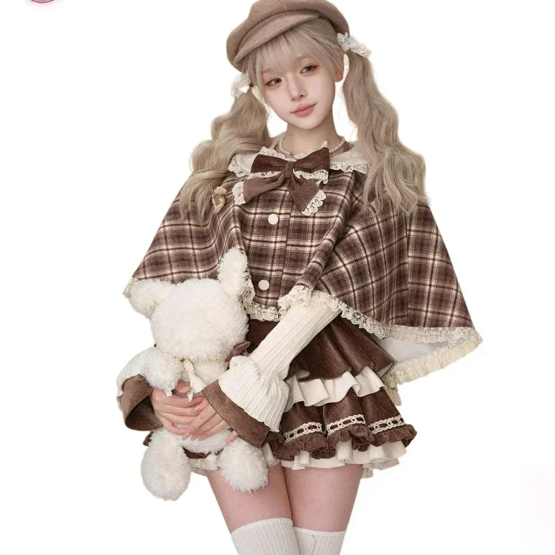 

Japanese Style Sweet 3 Piece Set Woman Vintage Short Cloak + Slim Tops + Y2k High Waist Mini Dress American Kawaii Cute Suit