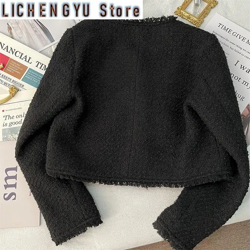 New Korean Fashion Cropped Tweed Jacket Women Autumn Winter Black Long Sleeved Tassel Coats Elegant All Match Outerwear