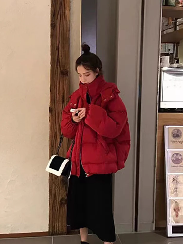 

2023 Short New Women Winter Bread Clothes Thick Coat Cotton Padded Jacket Hooded Korean Fashion Solid Warm Parkas