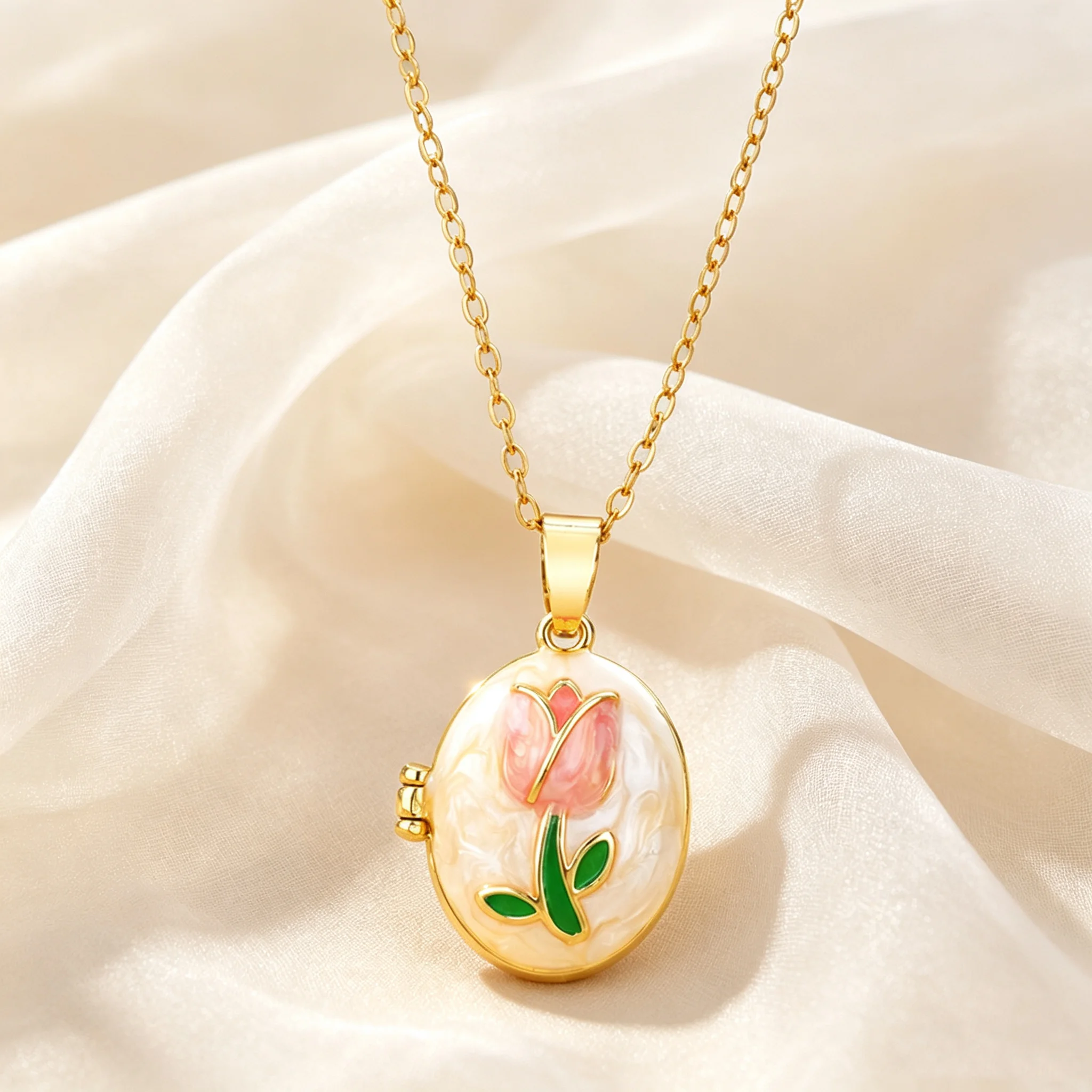Romantische Rosa Tulpen-Blumen Ovaler Fotorahmen Medaillon-Halskette Edelstahl Öffnungsfähiger Anhänger Andenken-Schmuck Geschenk für Frauen