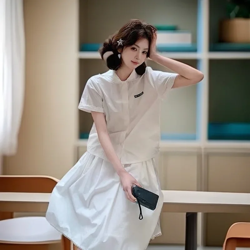 القطن الأبيض قصيرة الأكمام قميص المرأة كلية نمط دمية طوق الدانتيل تقليم مكافحة الشيخوخة مياو سلسلة الصيف أزياء تي شيرت #4
