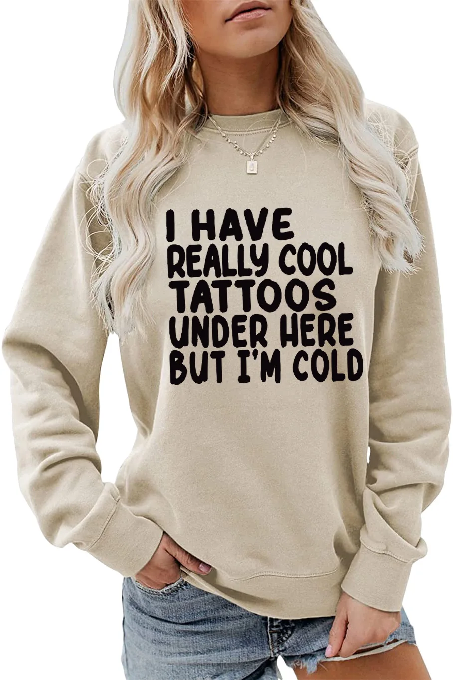 Autumn crew-neck long-sleeved T-shirt hoodie I HAVE REALLY COOL TATTOOS print loose casual top women's all-in-one fashion jumper