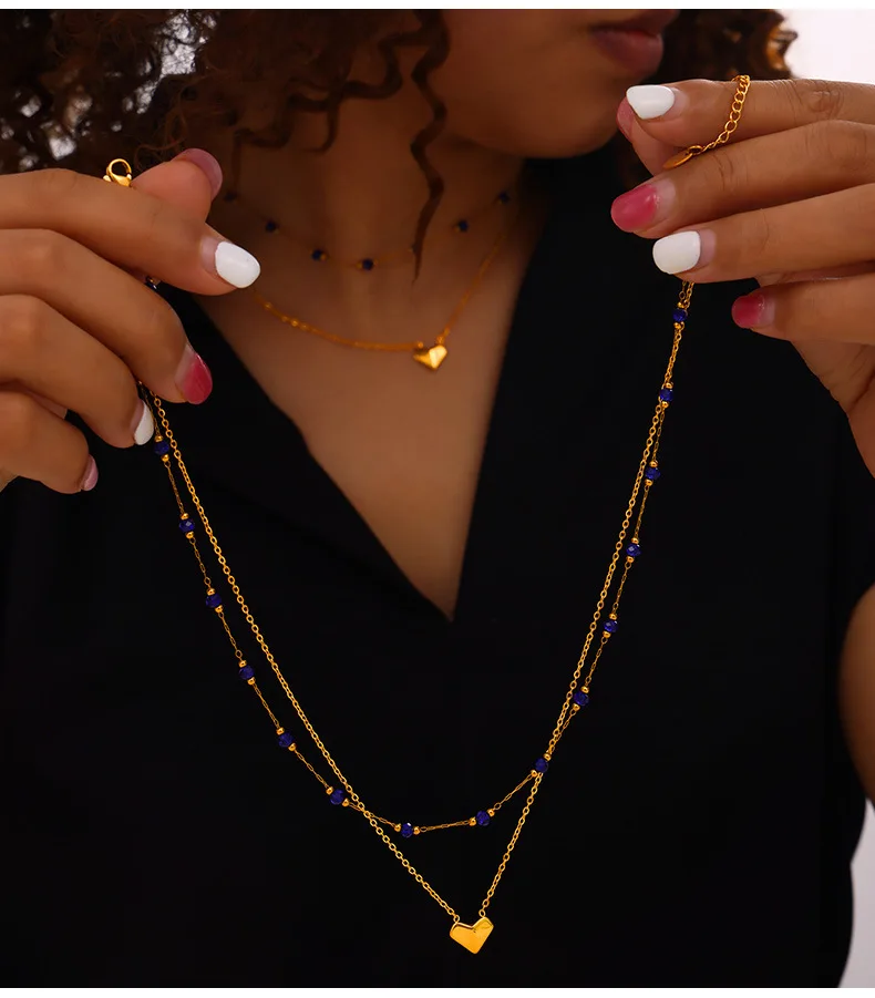 316L Edelstahl Doppelschichtige Herz-Anhänger Halskette Luxuriöse Lila Kristall Ästhetische Halskette für Damen Wasserfester Schmuck – Detail 3