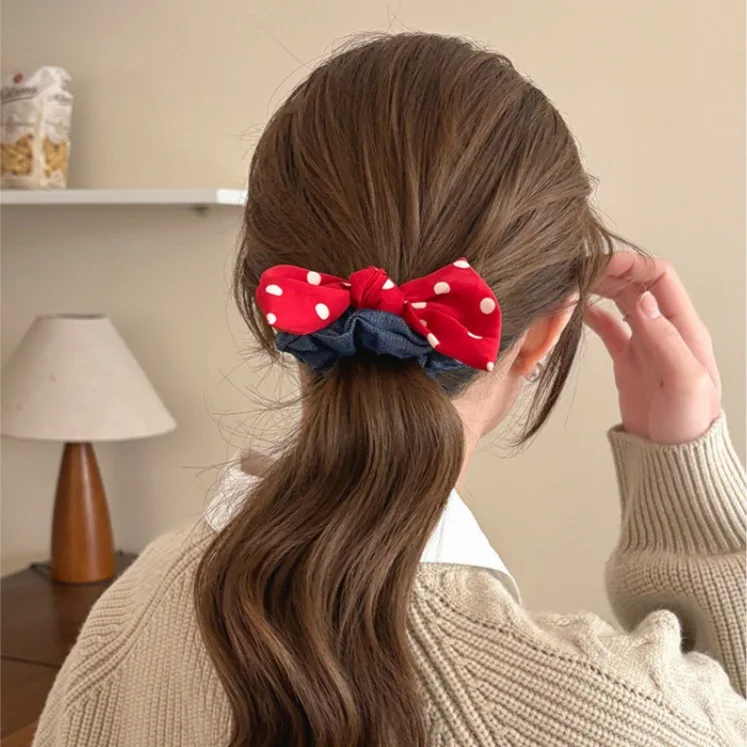 Sweet Red Polka Dot Bow Hair Scrunchies Blue Denim Hair Ties Women Girls Ponytail Holder Elastic Head Band Lolita Hair Accessory