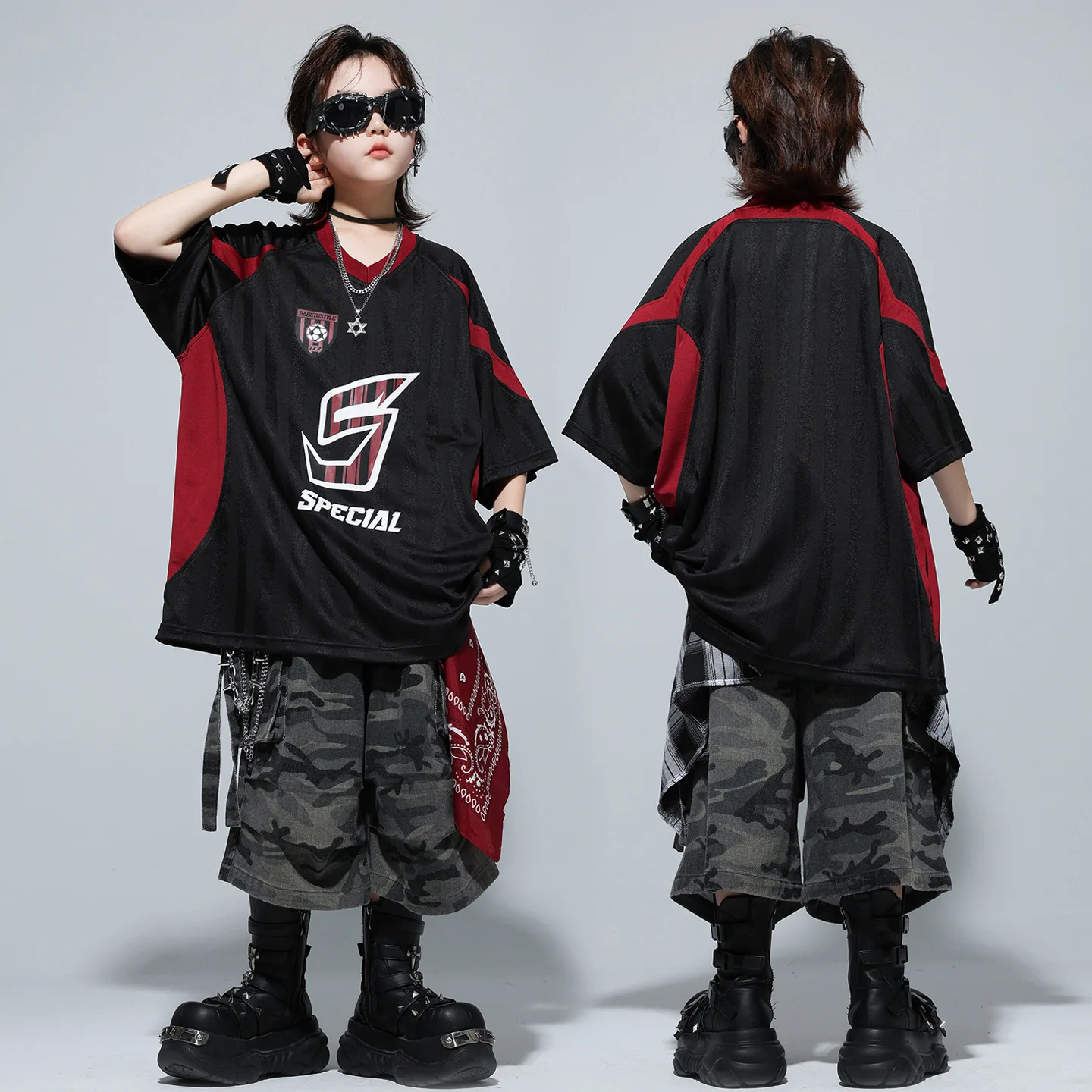 

Kid Hip Hop Clothing Black V Neck Jersey T Shirt Camo Casual Strap Cargo Shorts Middle Pants for Girl Boy Dance Costume Clothes
