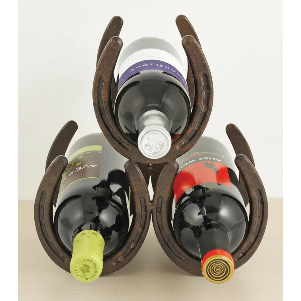 

Rustic Horseshoe Wine Rack, Cast Iron Bottle Holder for 3 Standard Wines, Vintage Farmhouse Kitchen Decor