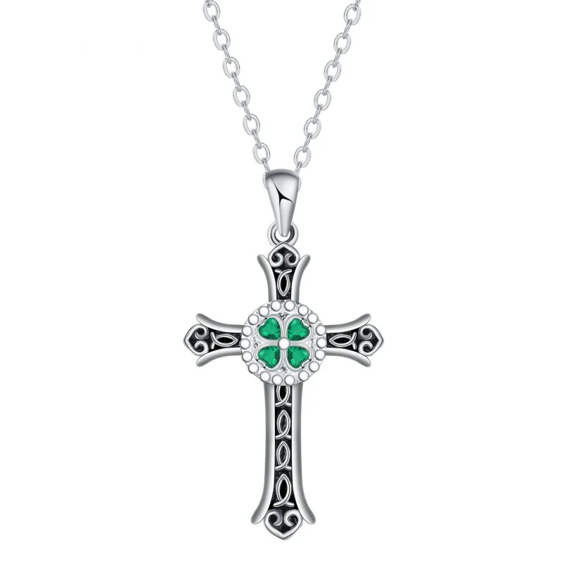 

Four-leaf Clover Cross Necklace for Women, Unique High-end Jewelry, Green Gemstone Copper Silver-plated Pendant for Girls