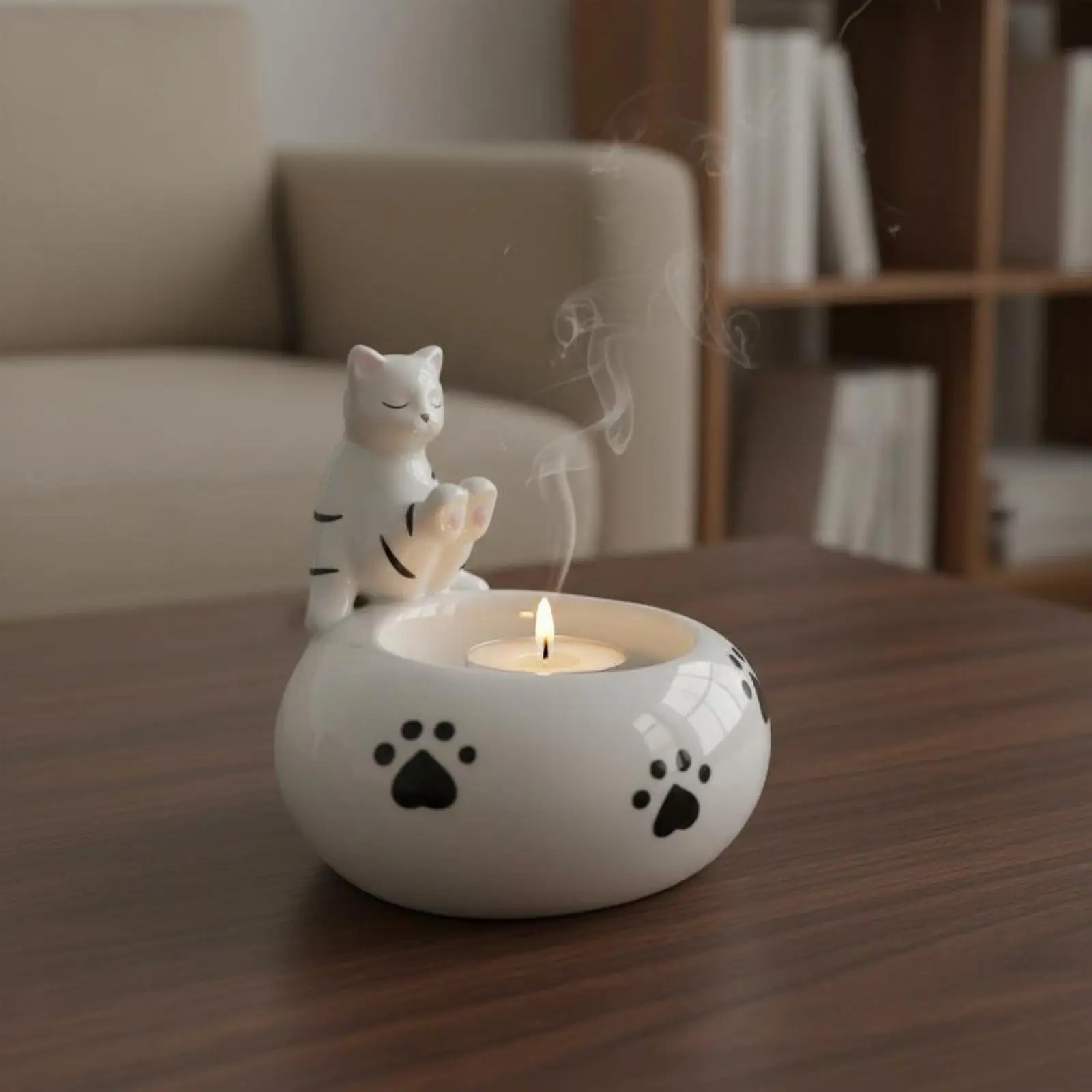 Whimsical Ceramic Cat Candle Holder Tealight Kitten Warming Paws Decorative Tea Light Candle Holder for Living Room Bedroom