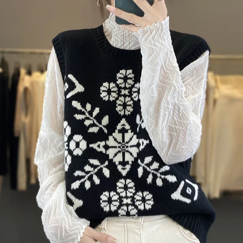 New Women\'s 100% Pure Wool Round Neck Vestchic Edelweiss Vest Autumn and Winter Sleeveles DlY Vest Loose Short Knit Sweater Hot