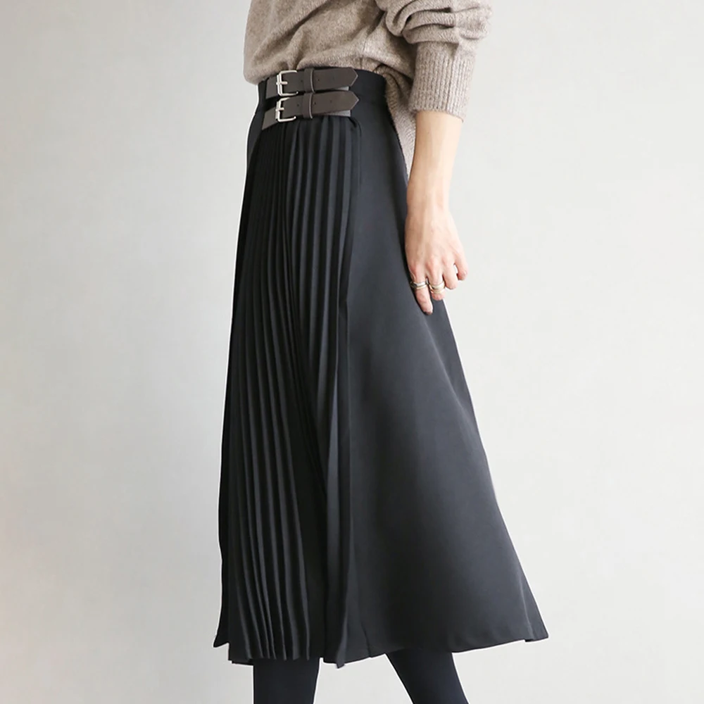 Women\'s Vintage High Waist Pleated Skirt Irregular Sashes Female Casual Skirts Mid Calf Autumn Winter New