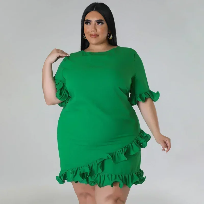 

GUWU Plus Size Women Fashion Ruffles Short Sleeve Slit Wrap Bodycon Dress Club Evening Sexy Party Dresses Vestidos