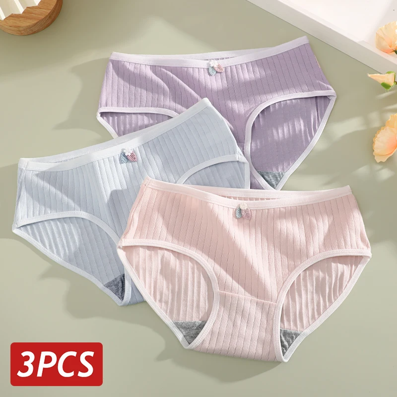 

3PCS/Set Women Cotton Panties Sexy Low Rise Ribbed Briefs Female Breathable Underwear Cute Bow Panties Solid Color Sexy Lingerie