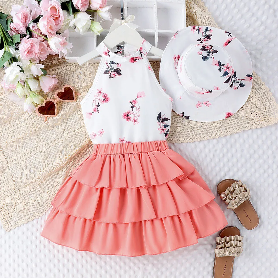 

Girls Summer Style Set 3Pcs with Printed Sleeveless Top Ruffled Cake Skirt and Matching Hat Versatile Outfit for Children's Sets