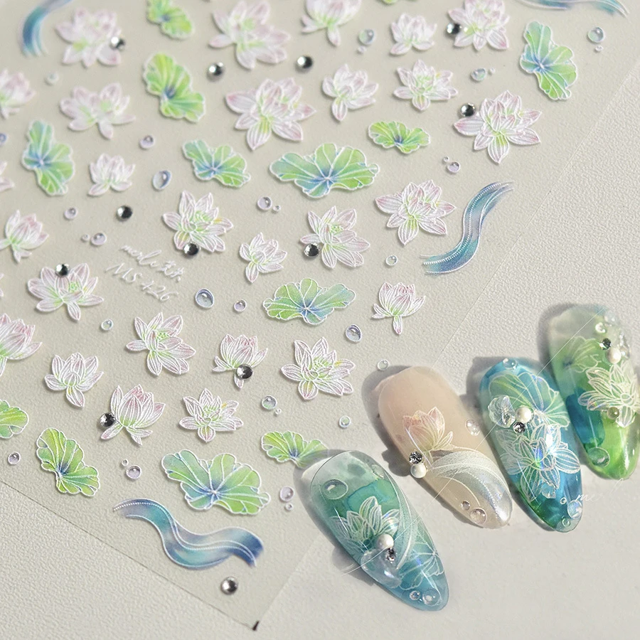5d Fantasie grün Lotus Nagel Aufkleber hochwertige geprägte Lilie Blume Perle Strass selbst klebende Nail Art dekorative Aufkleber