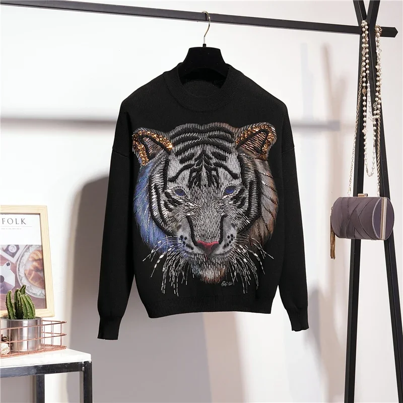 

2025 Autumn Women Casual Knit Tracksuit Set Manual Beaded Tiger Print Pullover Sweater Pencil Pants Outfits Female Knitwear Suit