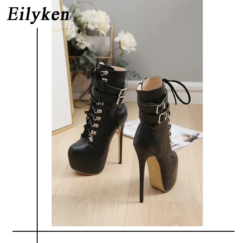 Eilyken Autumn Winter Soft Leather Women Ankle Boots Sexy Platform Buckle Round Toe Modern Booties Stripper High Heels Shoes