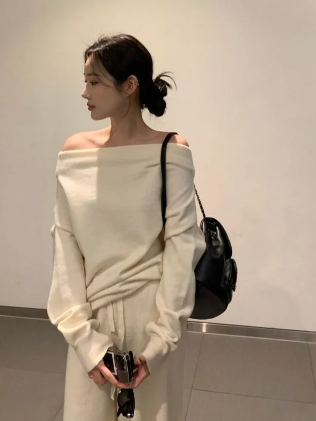Chic Autumn Winter Knitted Long Sleeve Shoulder Bared High Waist Versatile Sweater And Pants Set Korean Style Casual Streetwear
