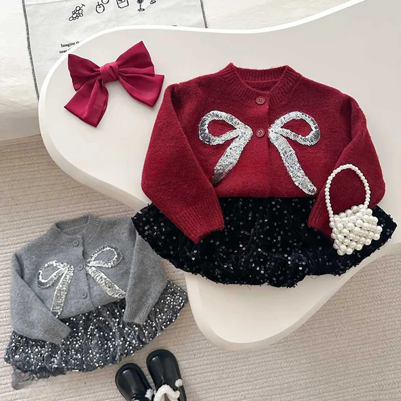 

MILANCEL New Winter Kids Sweater Set Cute Bow Girls Knitted Cardigan +Sequin Short Skirt Loose Korean Children Outfit 2PCS
