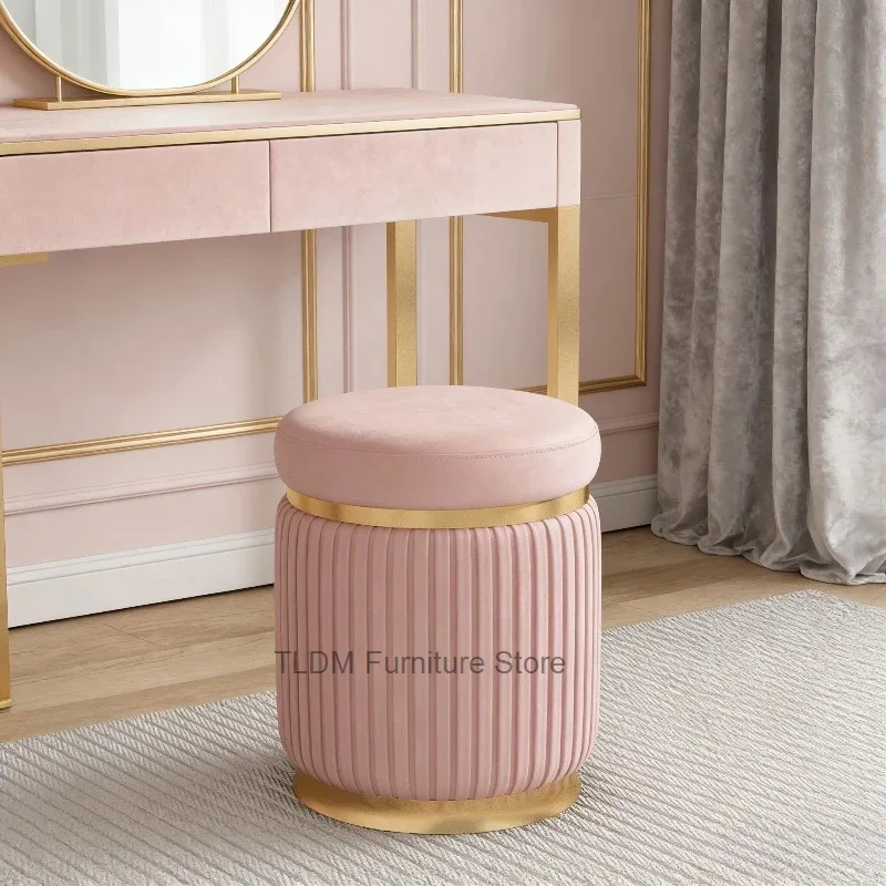Luxury Leather Vanity Stool with Trim Vertical Channel Tufting Multifunctional Upholstered Ottoman for Bedroom, Dressing Room