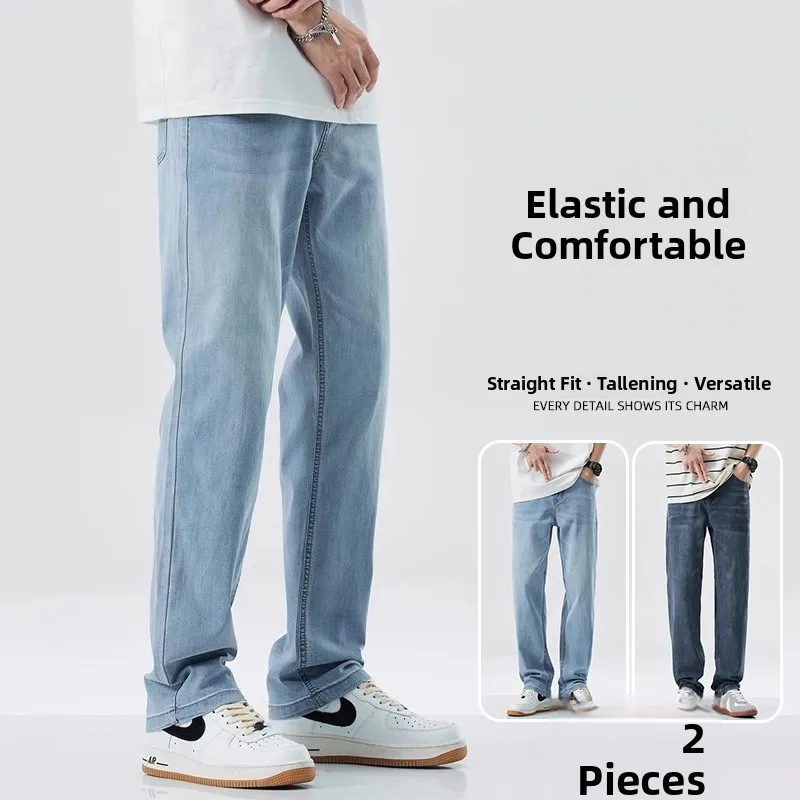 

Autumn Winter Men's High Street Straight Leg Jeans Elastic Busin Casual Trousers Cotton mid Waist Zipper ket Detail