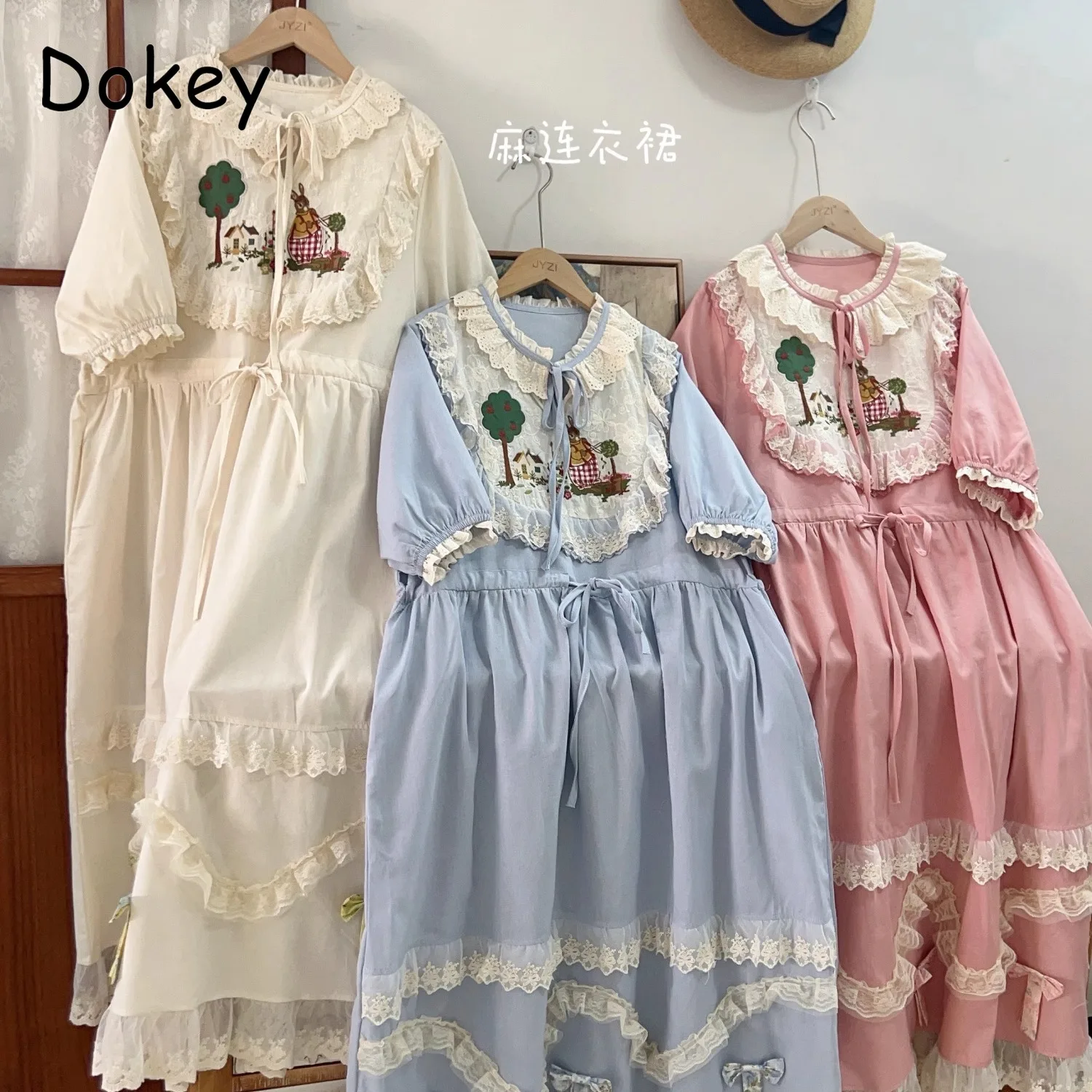 

Japan Mori Girl Summer Peter Pan Collar Kawaii Long Dress Women Vintage Embroidery Lace Ruffled Short Sleeve Cotton Lolita Dress
