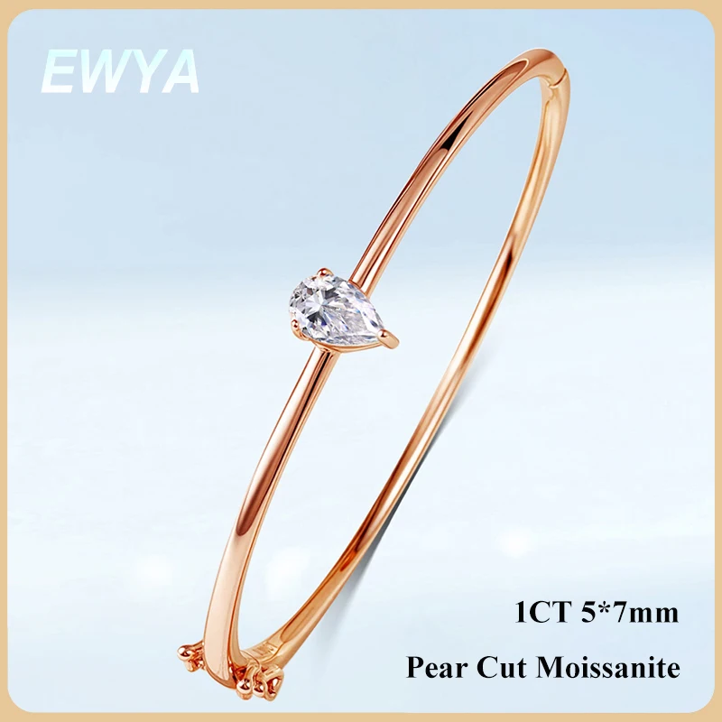 

EWYA 1CT Pink Blue Pear Cut Solitaire Moissanite Bangle Women Solid S925 Silver Waterdrop Diamond Bridal Wrist Chain Bracelet