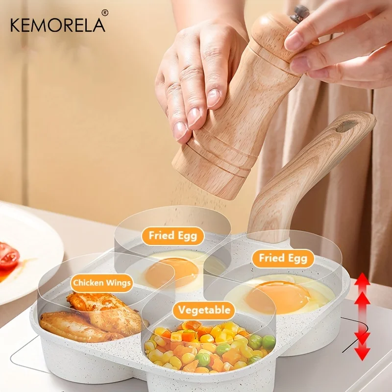 KEMORELA Medical Stone 4 Holes Egg & Hamburger Frying Pan Non-Stick Egg Pancake Pot With Wooden Handle For Induction Gas Stove