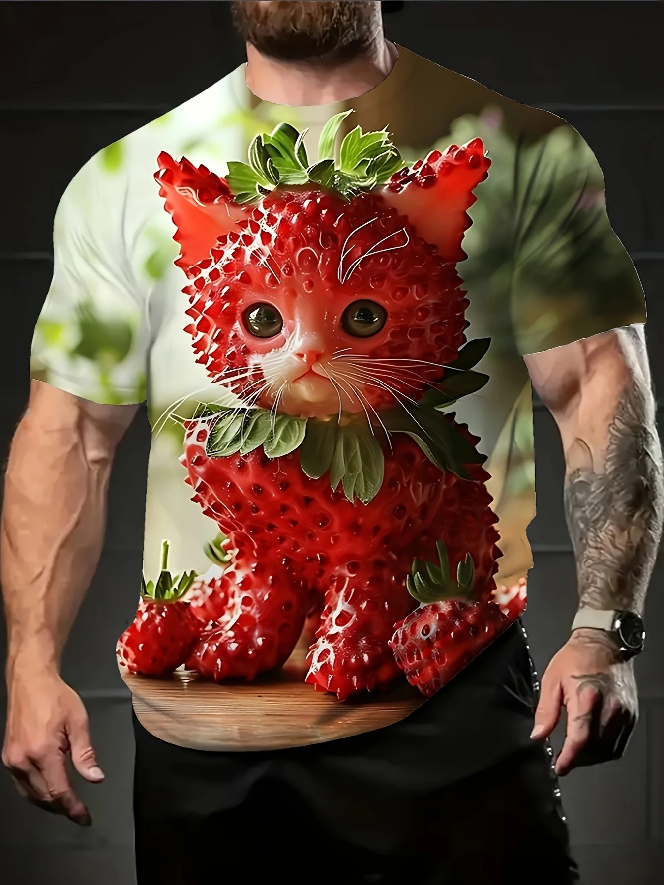 

﻿ Мужская футболка с милым принтом кота и клубники, летняя повседневная футболка с короткими рукавами и круглым вырезом, мужская одежда с животным дизайном, футболки Y2k