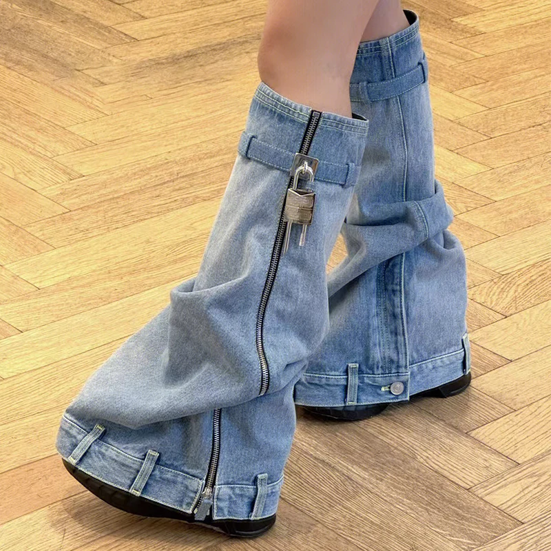 

Women's Mid Rise Boots Innovative Jeans Tube Round Toe Thick Bottom Fashion Boots Women's Metal Button Side Zipper Fashion Solid