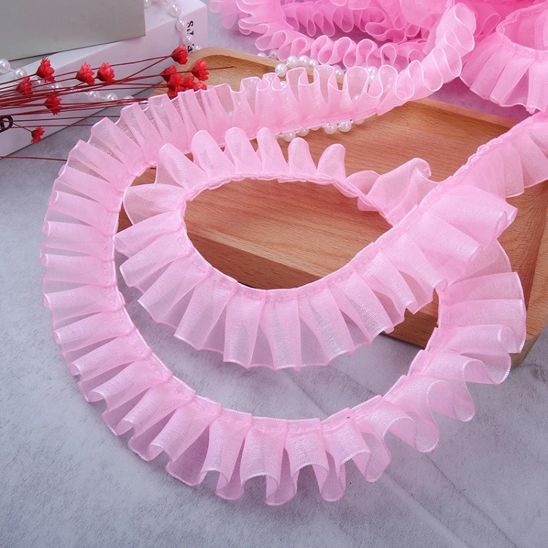 40y/lot Diy Garment Accessories Satin Ribbon Organza Craft Pet Clothes Dress Deocrative Double Layer Pleated Ruffled Lace Fabric