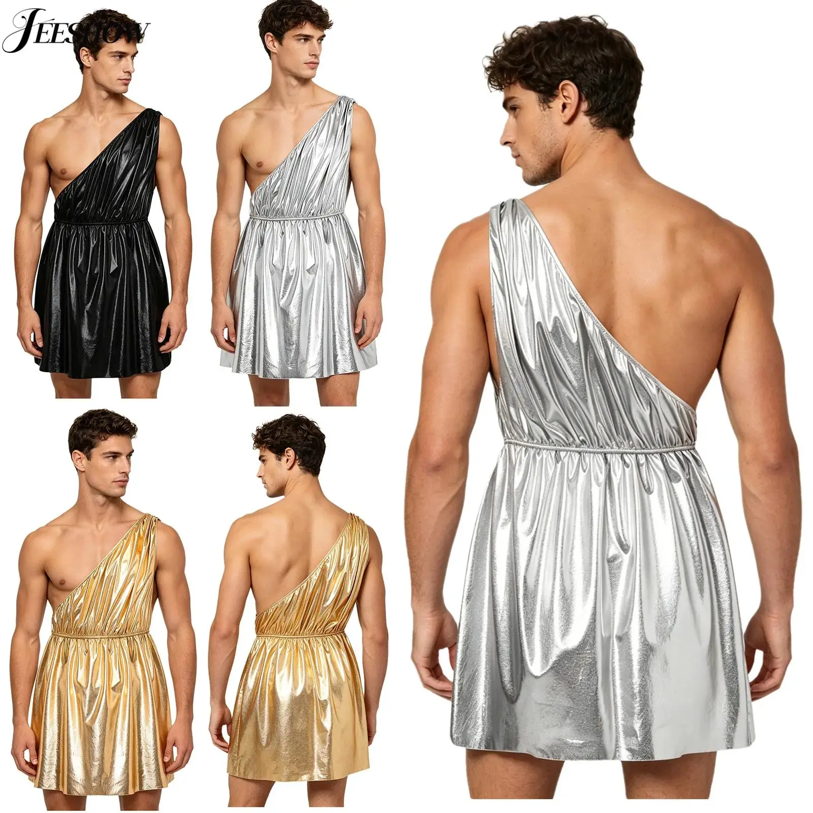 Fotografia 3: Fantasia Masculina Toga Grega Romana de Um Ombro Só, Metálica Brilhante, Túnica de Cosplay de Mitologia Antiga para Festa Temática de Halloween