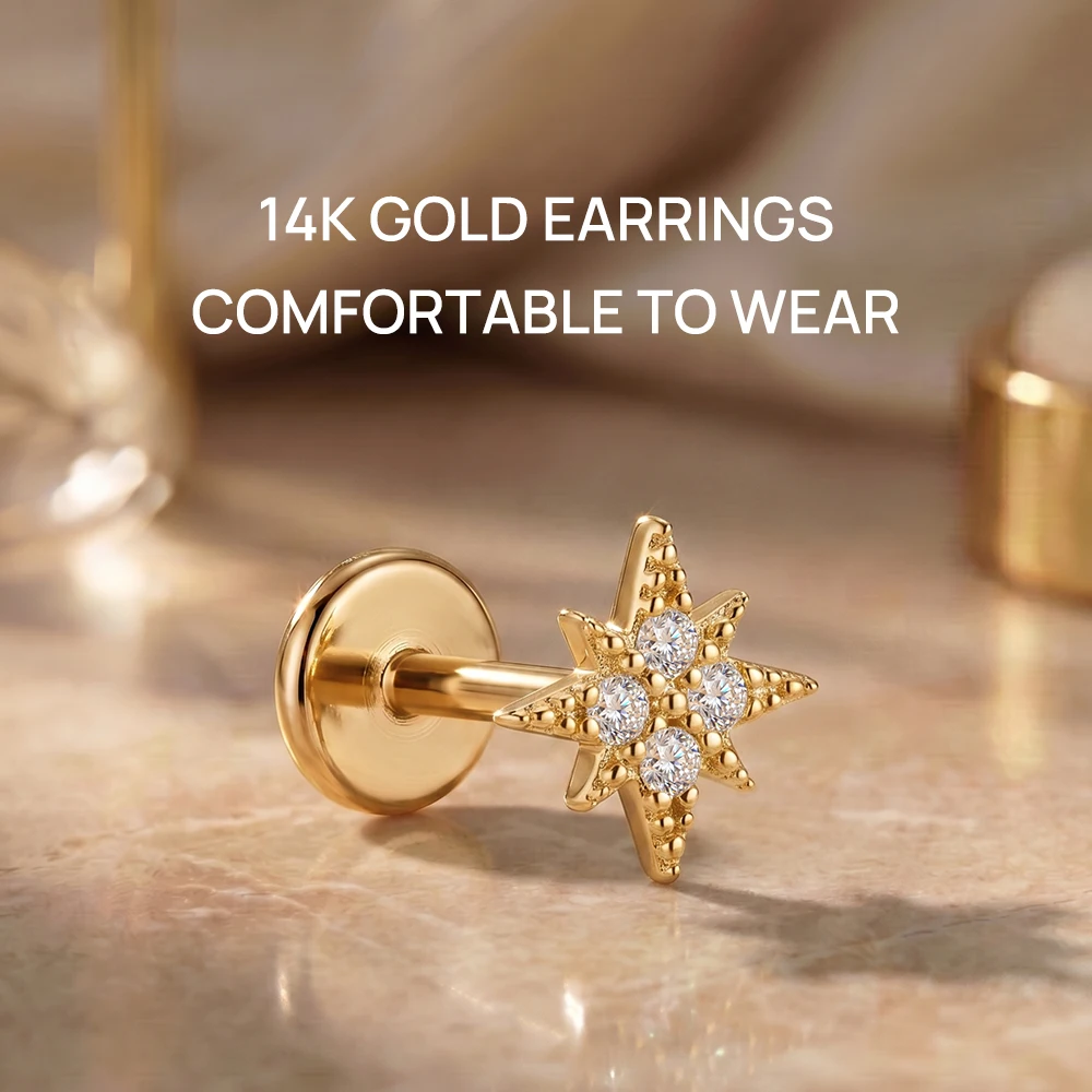 CANNER 14K Solid Gold Minimalist Octagonal Star Piercing Earrings For Women Dainty Luxury Ear Bone Earring Anniversary Gifts