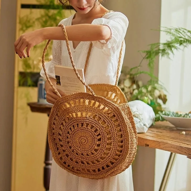 Summer Rattan Knitted Underarm Shoulder Bag Bohemian Straw Woven Shopper Tote for Women Circle Beach Bag Handmade Travel Handbag