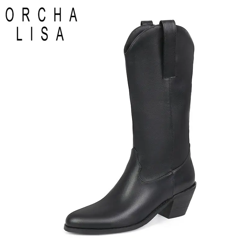 

ORCHA LISA 2025 Роскошные женские сапоги до середины икры с круглым носком на блочном каблуке 6,5 см без шнуровки плюс размер 41 42 43 Мода для свиданий в стиле вестерн Bota