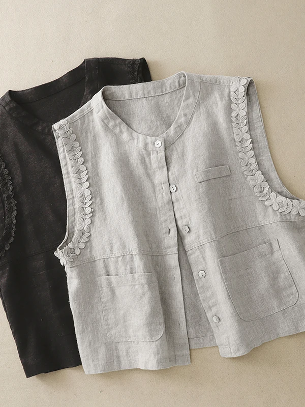 

Вышитая кружевная отделка, однотонный льняной тюнетный жилет, большой размер, женский воротник-стойка с одной пуговицей, универсальный...