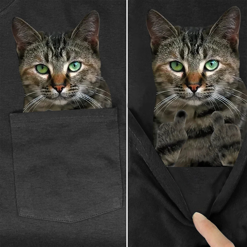 CLOOCL Tabby Cats T-Shirts Funny Kitten Double Middle Finger Printed Pocket Cotton T-shirt Women Clothing Short Sleeve Shirts