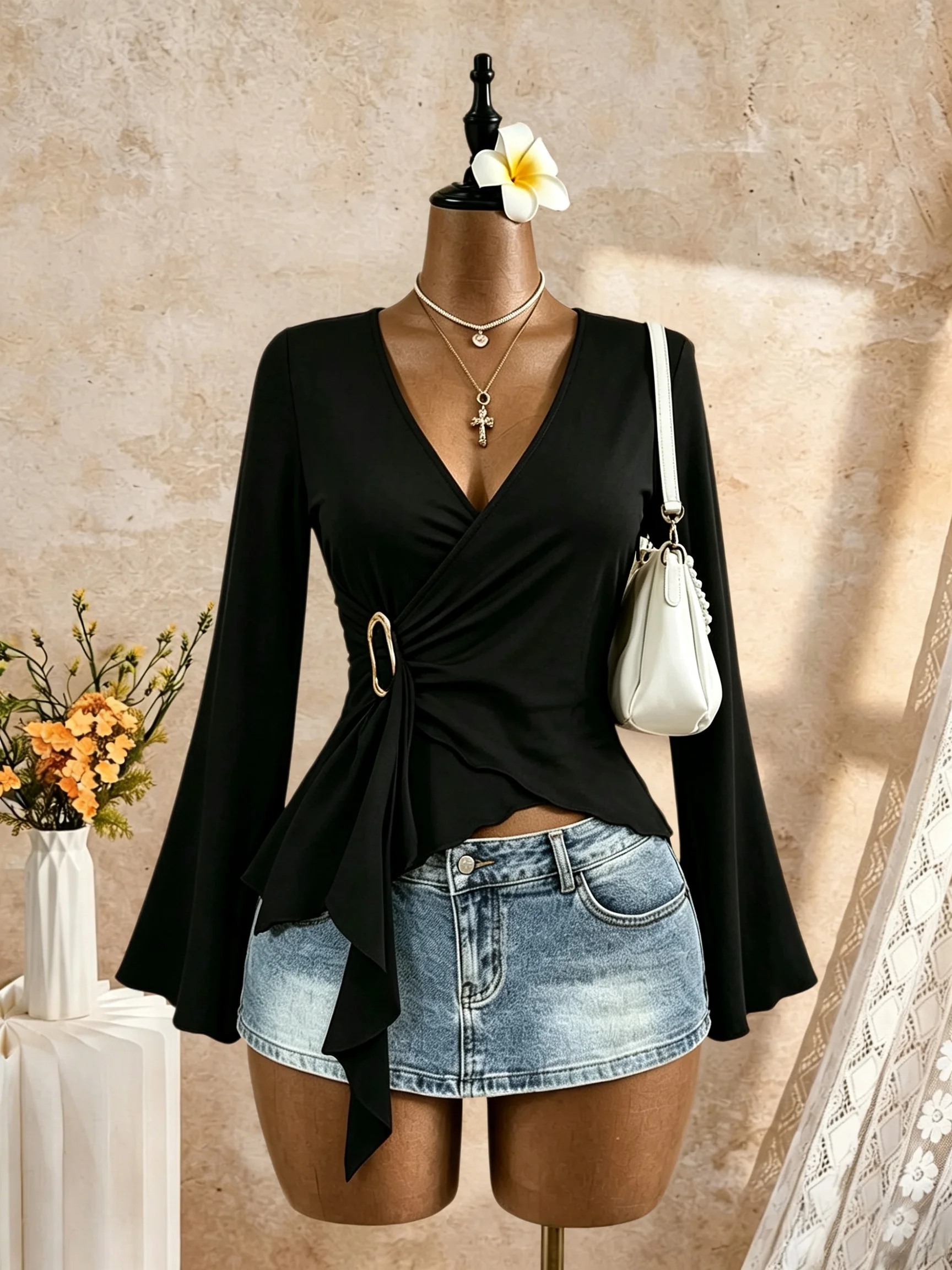 Women Deep V Neck O Ring Tie Waist Flare Long Sleeve Top Asymmetric Hem Slim Fit Crop Tee Y2K Sexy Casual Party Basic Shirt