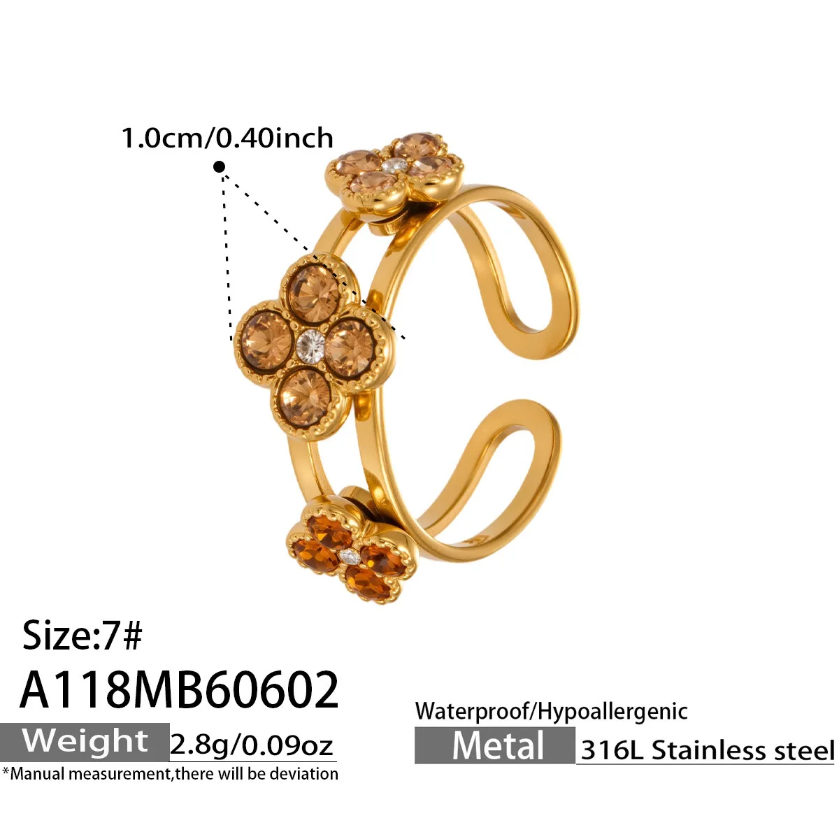 Farbiger Blumen-Zirkon Glücksbringer Vierblättriges Kleeblatt Offener Ring 316L Edelstahlring 18K vergoldet Trendiger Modeschmuck für Damen – Detail 12