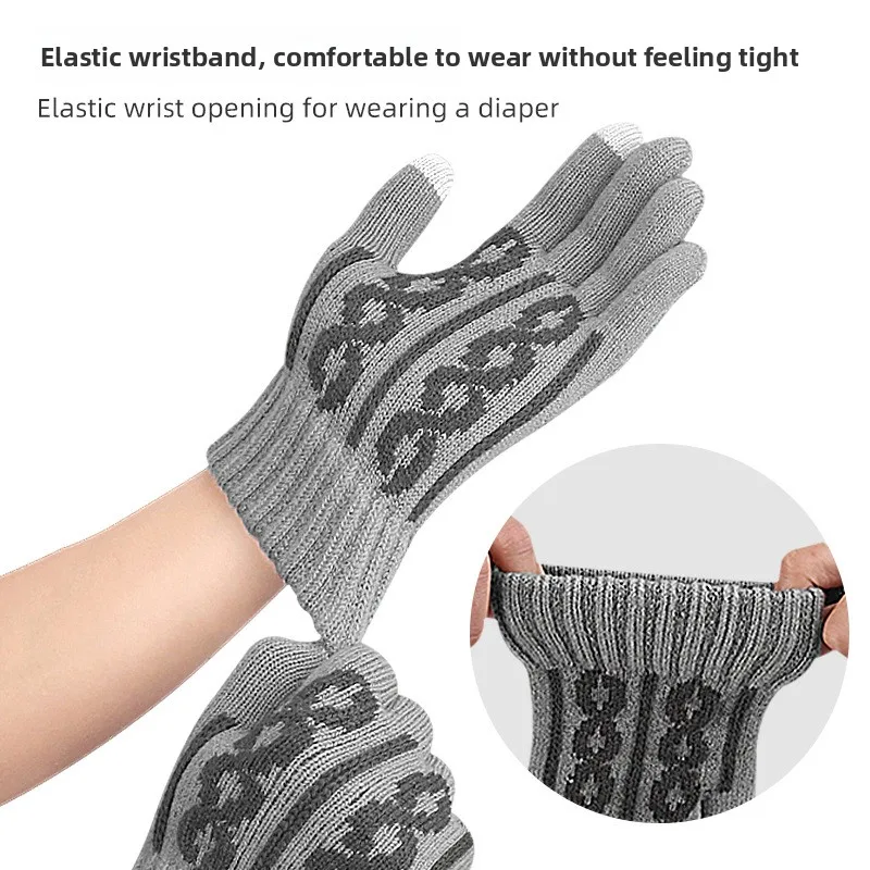 Autumn Winter Knitted Breathable Warm Gloves Jacquard Texture Fleece Lining Thickened Split Finger Touch Screen for Men Women