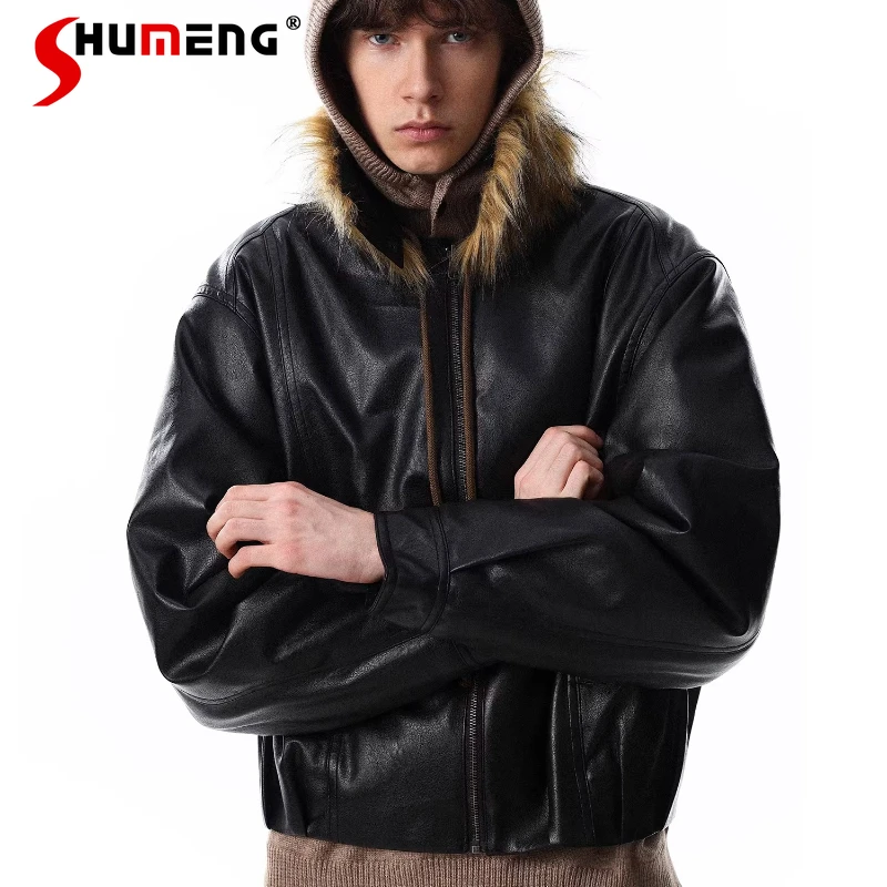 

Fashion Double-sided Wear Lapel Faux Leather Jackets Men 2025 Winter New Trendy Faux Leather Jackets Loose Thickened Warm Coats