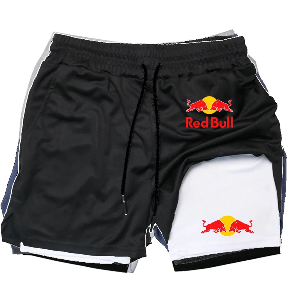 Red Bull Anime Running Shorts Men's Fitness Gym Training 2-in-1 Sports Shorts Quick drying Sports Slow Running Double layer Shor