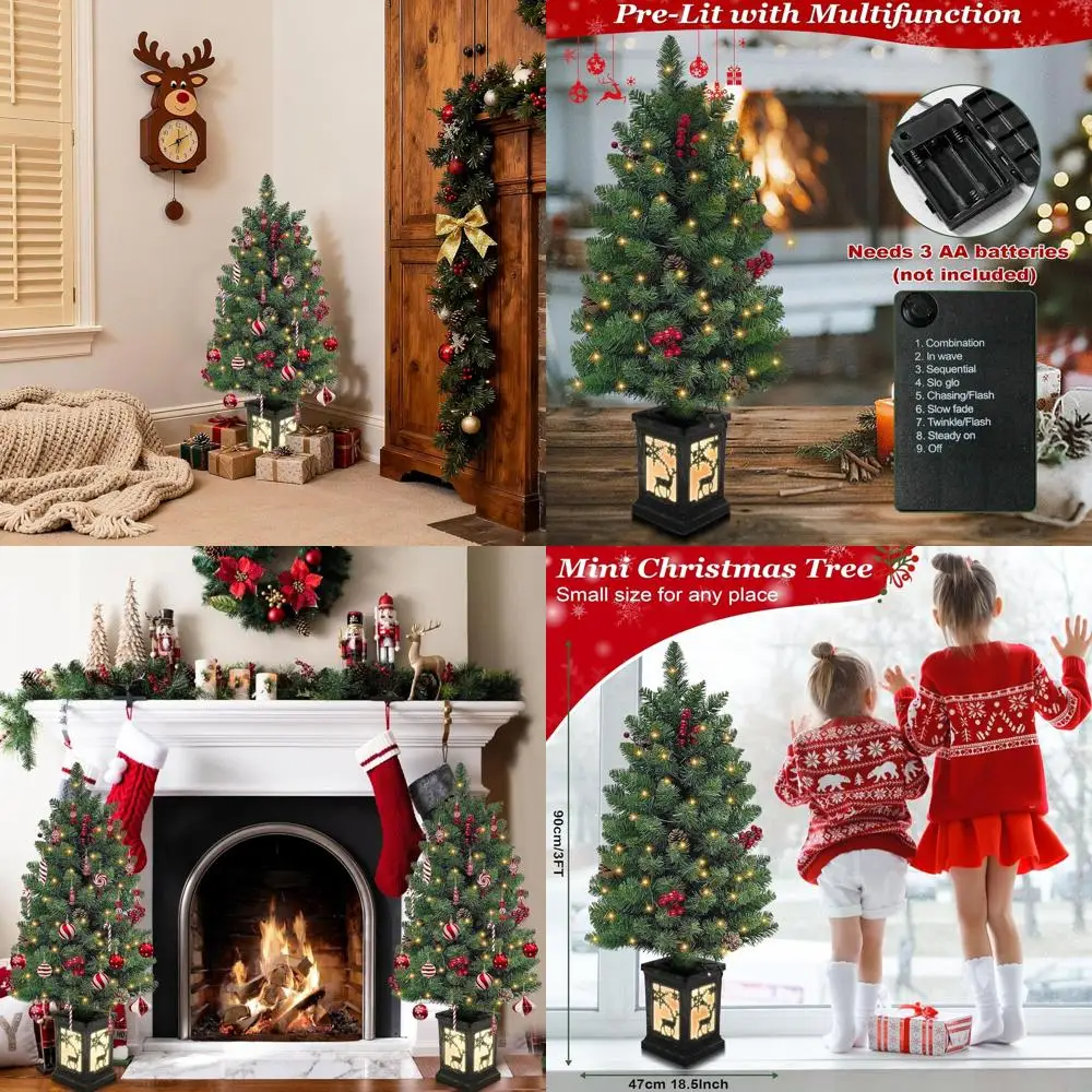 

Рождественская елка с 3 футами и 78 теплыми светодиодами, красными ягодами и сосновыми шишками, винтажная основа в виде лося, идеально подходит для крыльца, дома или офиса