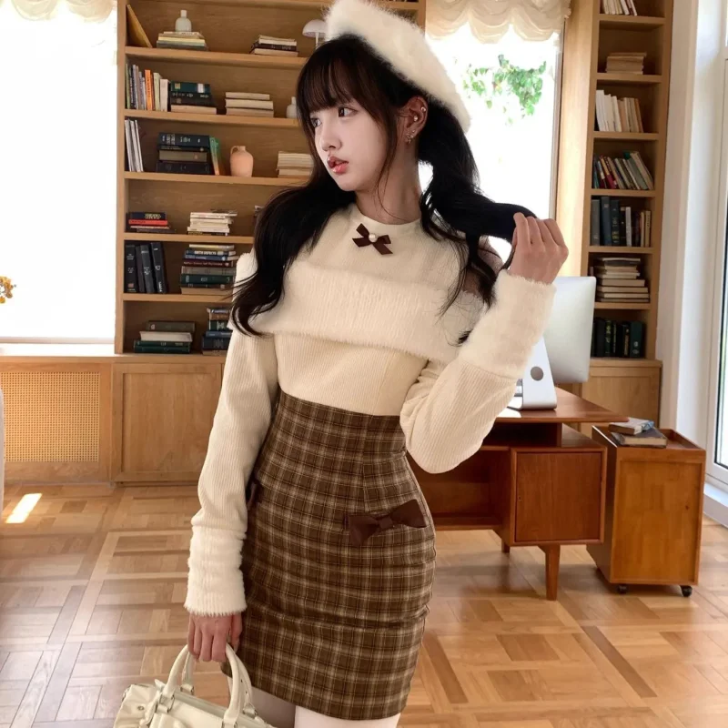 Vestido japonés elegante de Lolita para mujer, vestido Kawaii con lazo y hombros descubiertos, vestidos a cuadros de retales de manga larga, vestido de princesa de fiesta Y2k