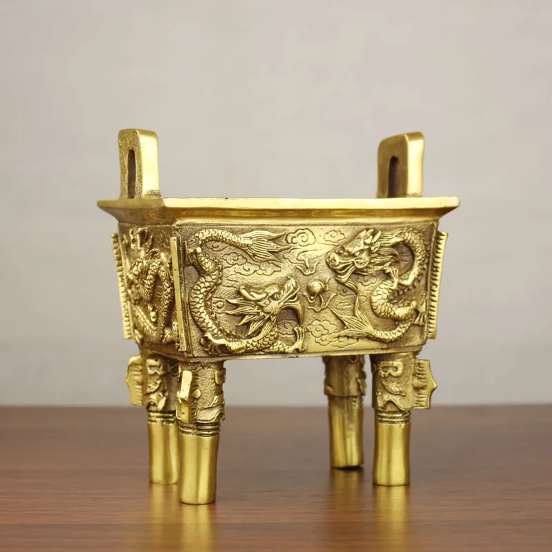 Double Dragon Tripod Ornament for Home and Office Decoration, Opening Gift, Craft, Classical Brass
