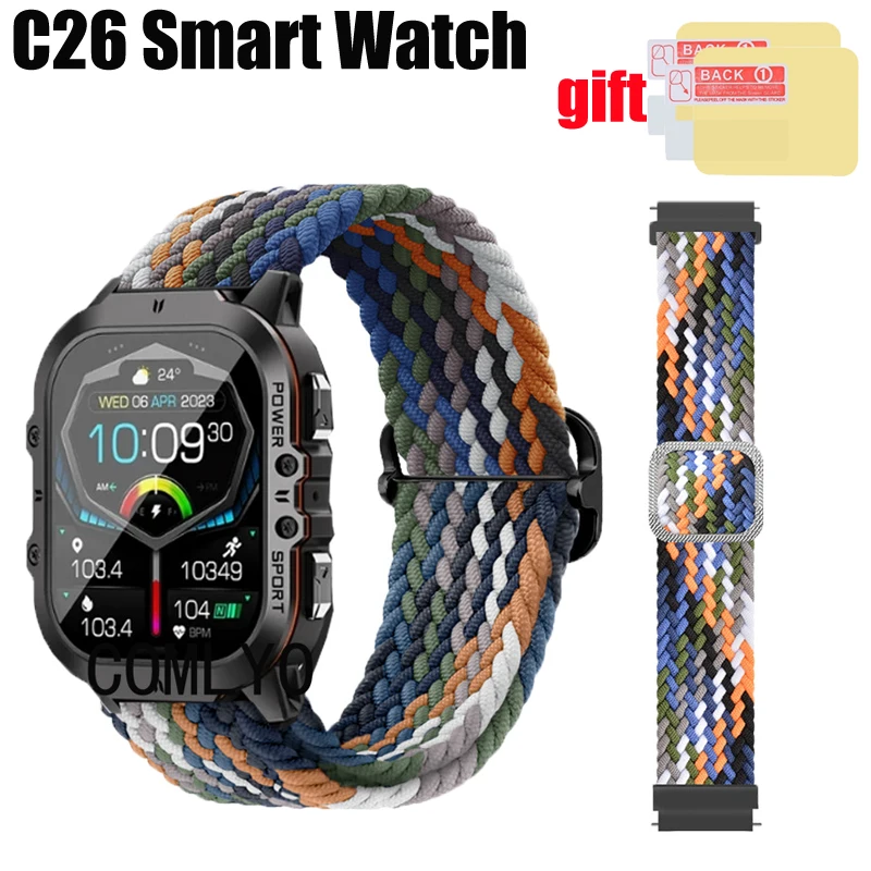 For C26 Smart Watch Strap Women men Band Nylon Belt Adjustable Soft Breathable Wristband Screen Protector Film