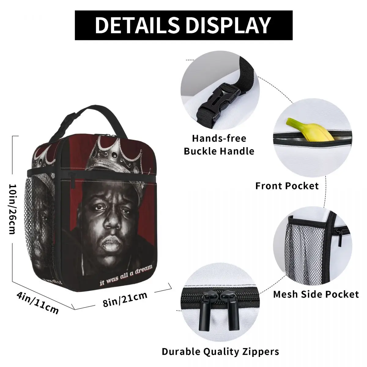 Vintage Notorious BIG Insulated Lunch Bag Biggiesmalls Food Container Reusable Thermal Cooler Lunch Boxes For School Office