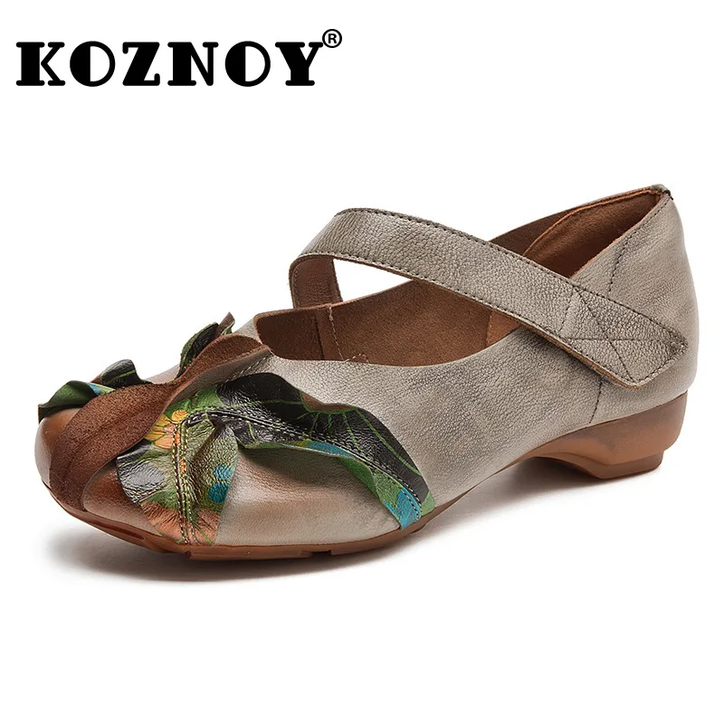 

Koznoy/женские летние туфли на плоской подошве из натуральной кожи 2,5 см с цветочной аппликацией на резиновой платформе, удобные женские модные этнические женские туфли на крючках