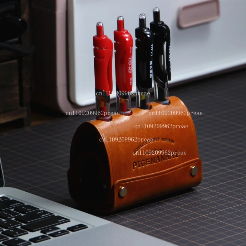 Original Handmade Genuine Leather Pen Holder, Multifunctional Top-Grain Cowhide Pen Cup, Creative Fountain Pen Stand  Students