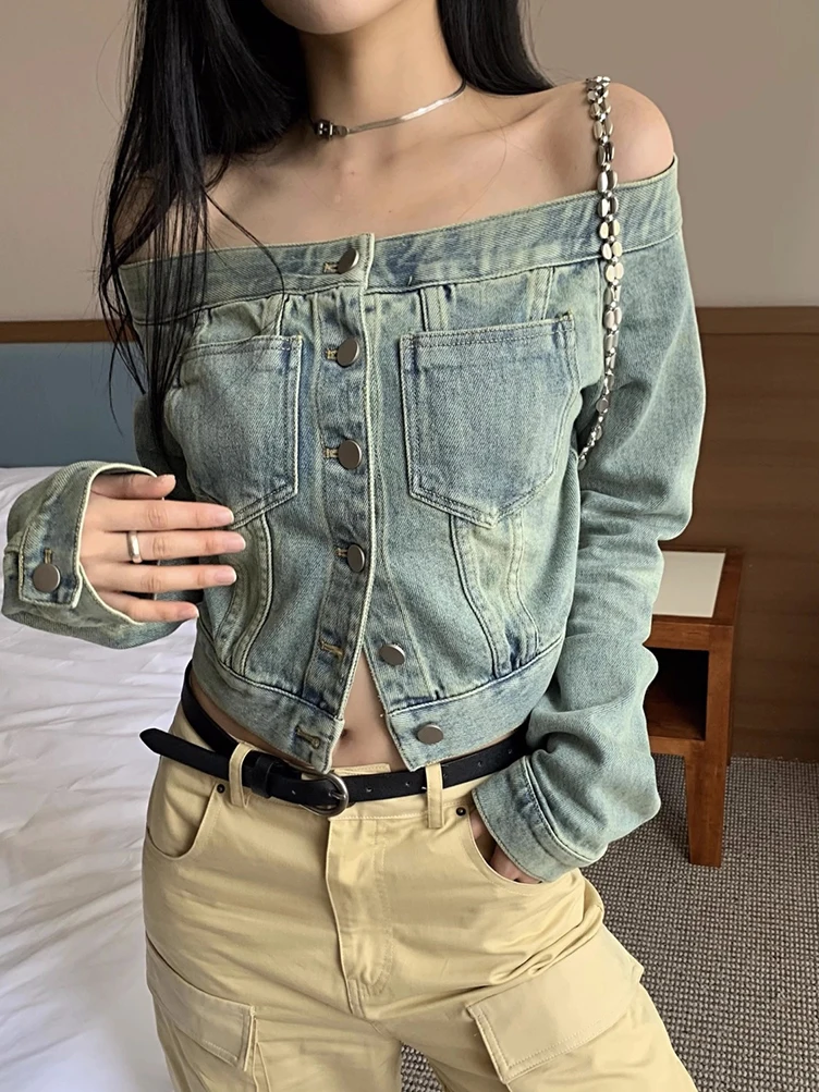 Korean Fashion Off shoulder Button Jeans Shirt Jacket Women Long sleeve vintage Cropped Denim Top Youth Cool Blouse 2023 New